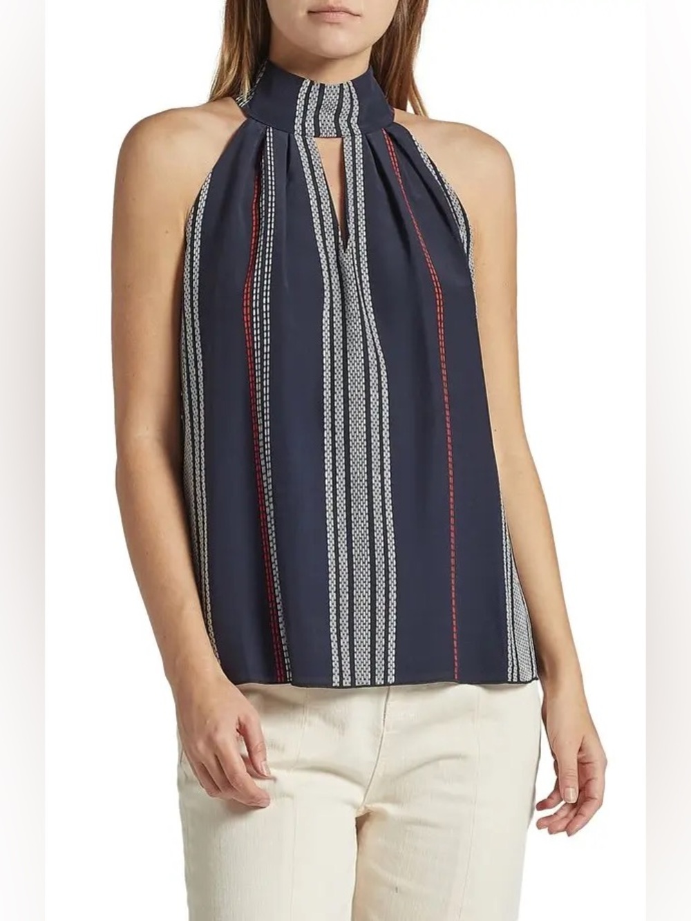 Joie Elenora Striped Halter Neck Blouse Navy White Red Silk MEDIUM Sleeveless